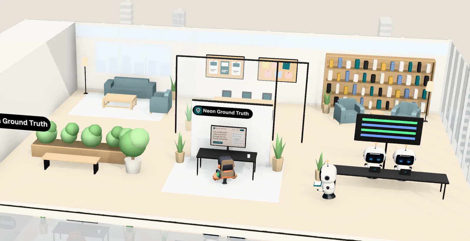 Neon Ground Truth’s office on floor 16 of Tower 2: the owner’s desk with the website on screen, the agents’ bench, a meeting room and a library